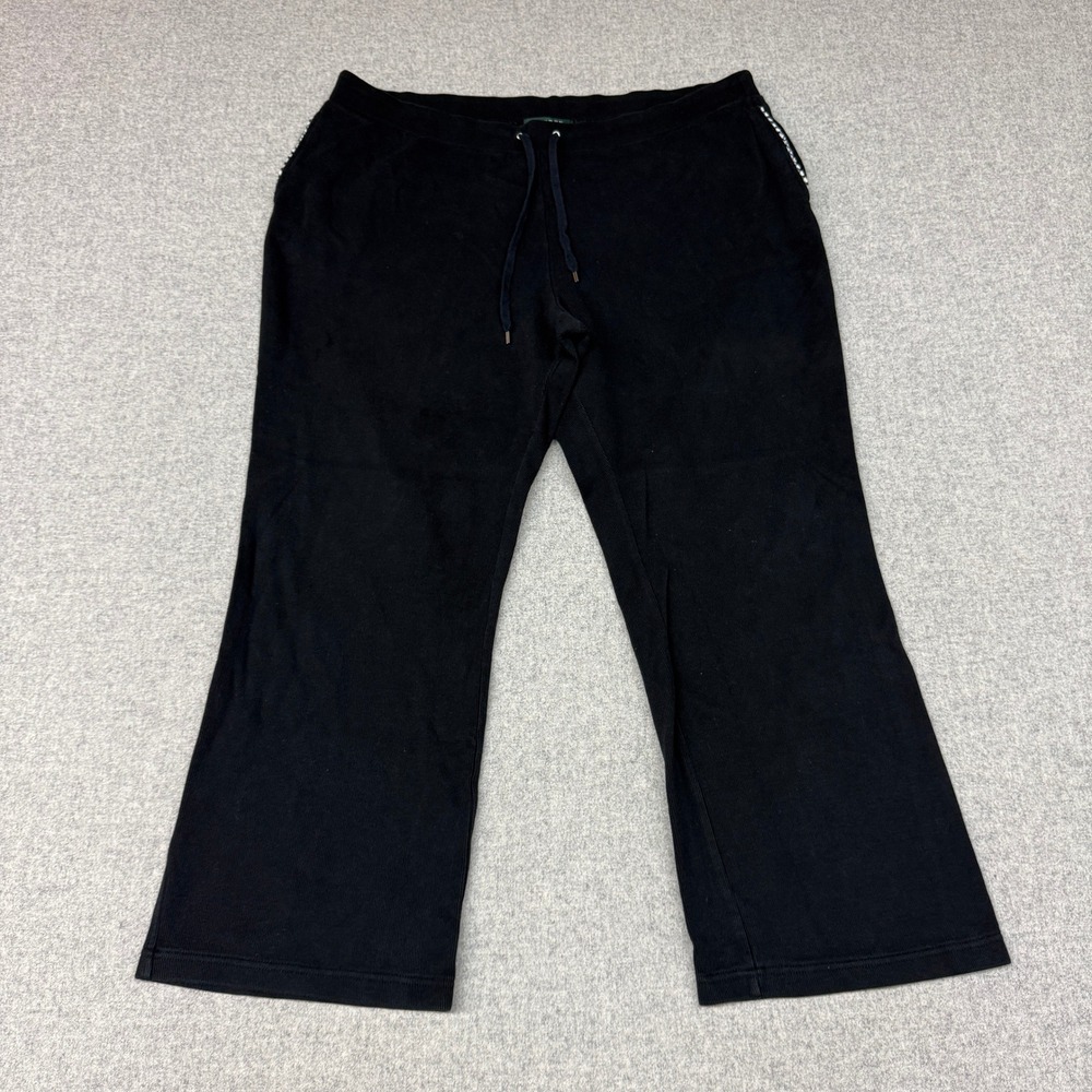 Lauren Ralph Lauren Sweatpants 2X Black Cotton Ribbed Drawstring Checkered Trim